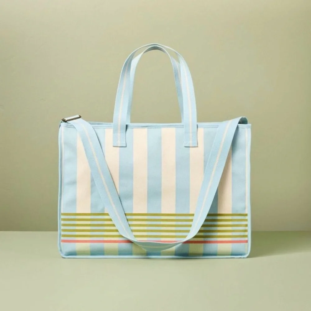 Cross Stripe Carry-All Tote Blue/Green/Natural Hearth & Hand with Magnolia - Picture 2 of 3